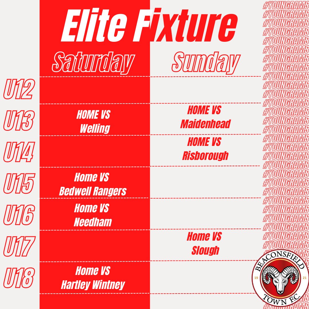 📆 This weekends Elite Fixtures!

#BTFC #YoungRams 🐏