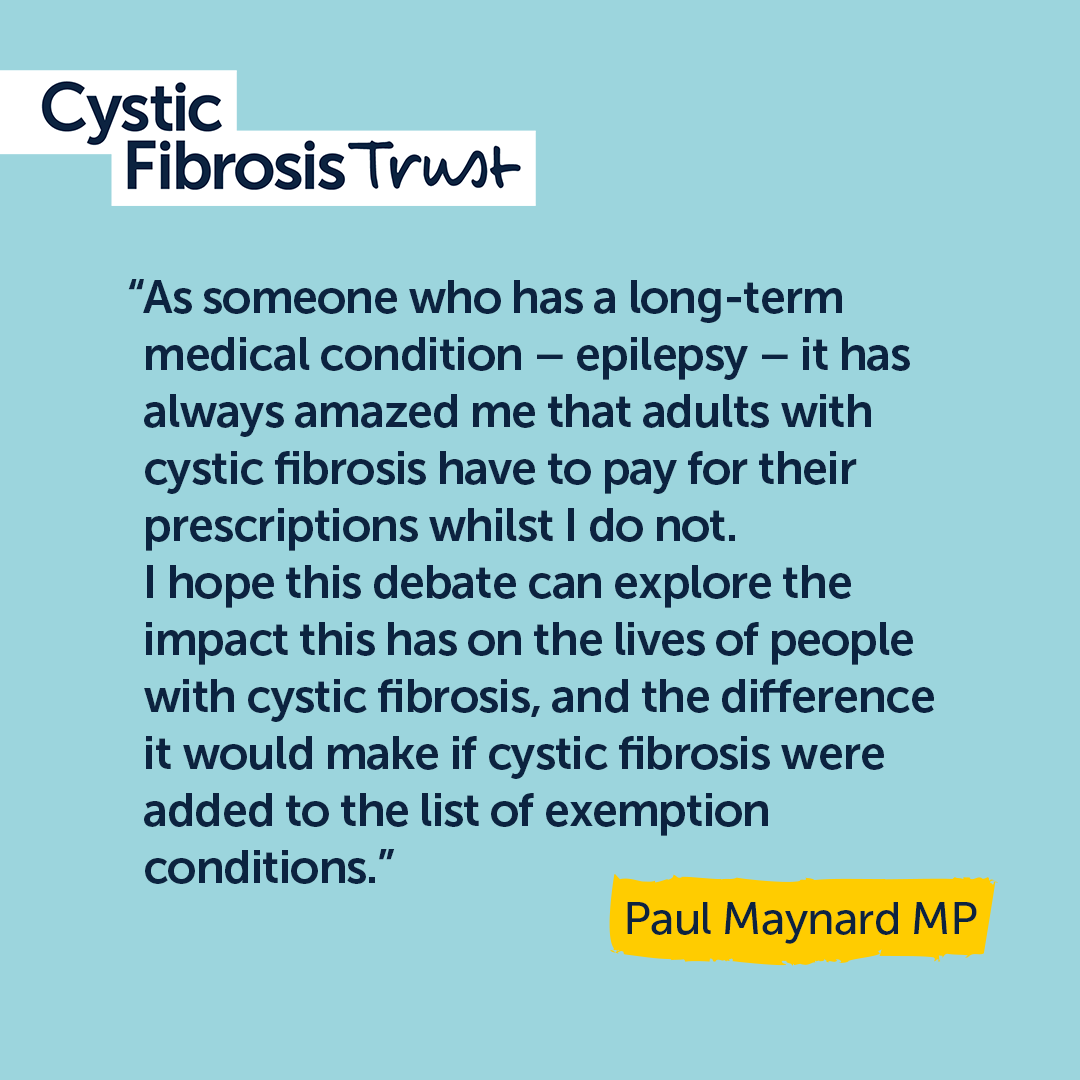 cftrust's tweet photo. Today we're calling on the Government to urgently update the prescription charge exemption list to include people with #cysticfibrosis. Paul Maynard MP has tabled the prescription charges debate, which is due to take place at 2:30pm today in Westminster Hall. #prescriptioncharges https://t.co/ImVqNIAuv4