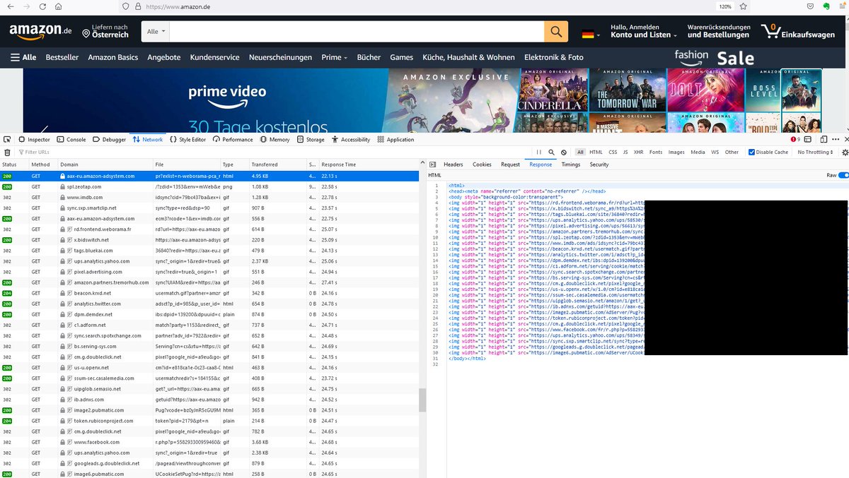 Amazon lets many third-party companies 'tag' people who visit its website so they can track and follow them across the web and seamlessly exchange data on them.

On amazon.de, this includes Google, FB, Adobe (demdex), Oracle (bluekai), Salesforce (krxd) and others.