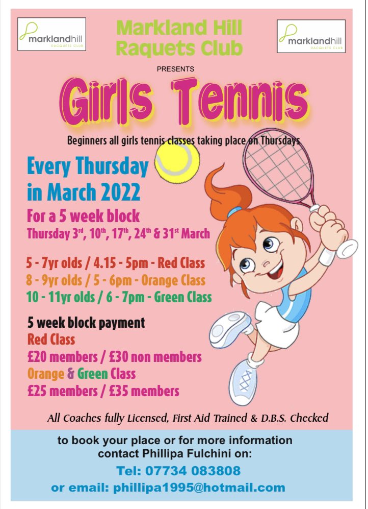 Beginners all girls tennis classes with Phillipa starting in March 🎾 Contact Phillipa to book your place 👭 <a href="/SheRallies/">She Rallies</a> <a href="/Miss_Hits/">Miss-Hits</a>