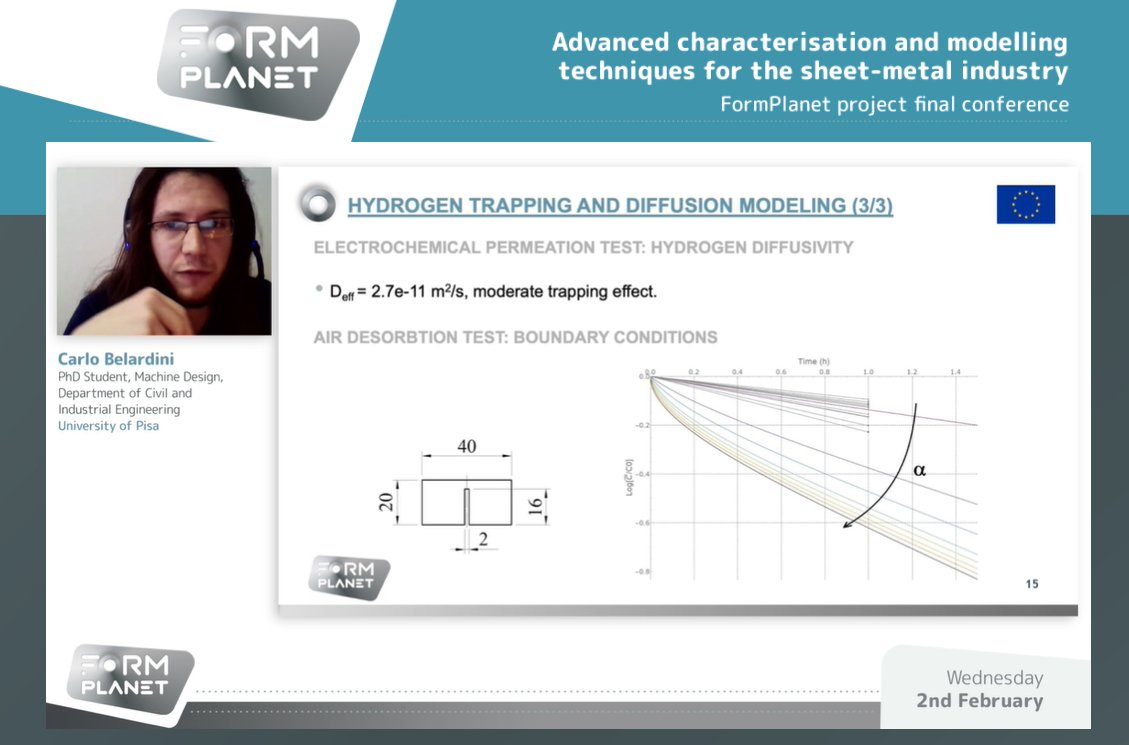Formplanet_EU's tweet image. #FormPlanet Final Conference | Carlo Belardini from @Unipisa presents the research done during the project regarding multiphysics #hydrogen migration and damage #modelling

👉 formplanetconference.eu