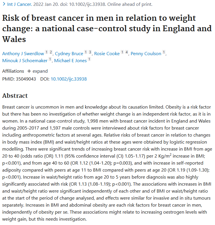 'Risk of breast cancer in men in relation to weight change: a national case-control study in England and Wales' Anthony Swerdlow, @CydneyLBruce, Rosie Cooke, Penny Coulson, @Minouk_Schoe, Michael Jones @AlchemiJones in IJC @intjcanc onlinelibrary.wiley.com/doi/10.1002/ij…