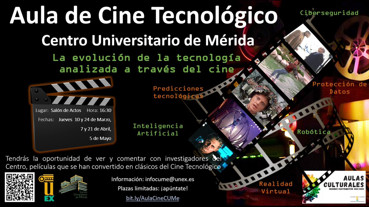 CUMe_UEx's tweet image. Dentro del programa de Aulas Culturales de @ExtensionUex, el @CUMe_UEx organiza "La evolución de la tecnología analizada a través del cine". Esta actividad está abierta la sociedad en general. Información e inscripciones en 👉bit.ly/AulaCineCUMe 📽️