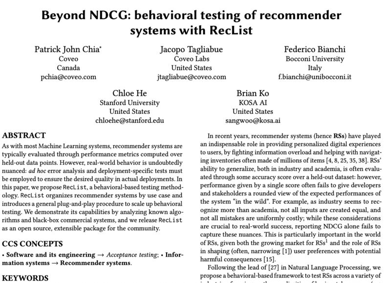 kosa_ai's tweet image. We are thrilled to share #RecList, an open source project for behavioral tests for recommendation systems by @federicobianchy, Chloe He, Jacopo Tagliabue, Patrick John Chia and our @briankosw. Congratulations!
lnkd.in/d_PQZWwc
#TheWebConference #opensource #recsys #ai