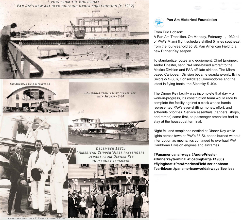 panamhistory's tweet photo. Early 1932: PAA’s #Miami flight schedule shifted 5 miles southeast from the 4-year-old 36th St. Pan American Field to the #DinnerKey seaport for #flyingboats. Standardizing routes/equipment, Eng.#AndrePriester sent landplanes to the Mexico Division & #Panam affiliates #erichobson https://t.co/4yowdSP3q3