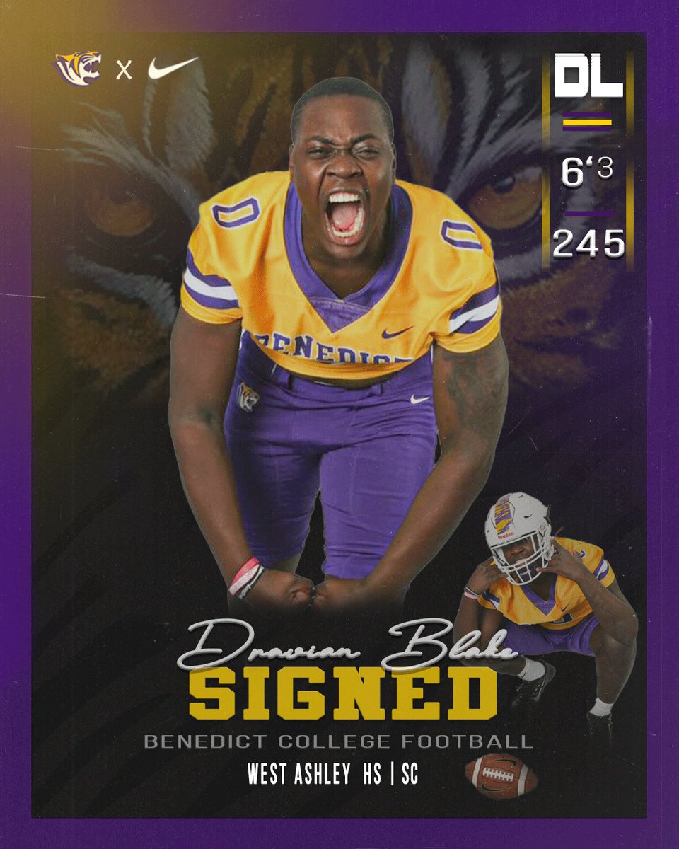 CoachJOdaffer's tweet photo. Go Tigers!
We just got 1% better with the addition of:
Dravian Blake an active Defensive Line prospect from West Ashley HS (John’s Island, SC)!
@benedictedu @benedict_tigers
#Protec22heJungle #CultureShift #WelcomeToBC #NSD22 #BCRecruitsSC https://t.co/NTx8p4RRso