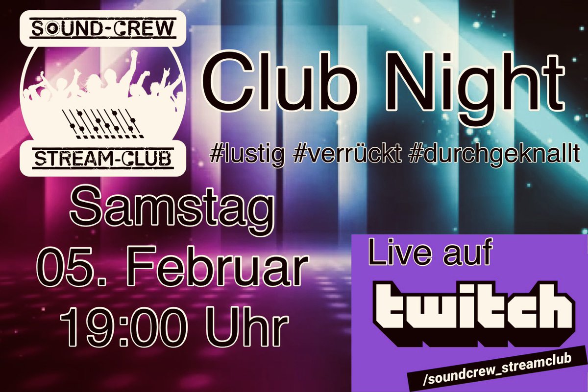 Am Samstag starten wir wieder durch, aus unserem Studio zu Euch nach Hause!

Wir freuen uns wenn Ihr einschaltet!

twitch.tv/soundcrew_stre…

#soundcrewstreamclub #entertainment #twitch #gutelaune #unterhaltung #partydj #twitchstreamer #spaß #party #livestream #soundcrew #musik