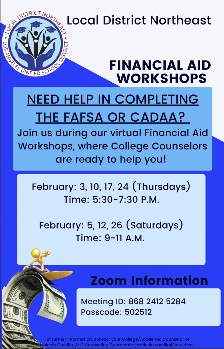 ArtesMagnet's tweet photo. Need help finishing your financial aid applications? Look no further! Multiple data and times for you to join and get the support you need! #LDNE #weRartes #collegebound https://t.co/Dwlfx065QF