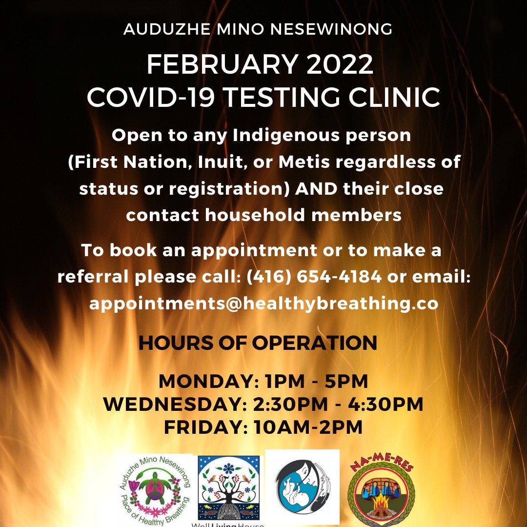 NCFST's tweet photo. COVID-19 Testing Clinic open to First Nations, Inuit and Metis peoples AND household members @auduzhe.

Mon: 1PM-5PM
Wed: 2:30-4:30PM
Fri: 10AM-2PM

To book - call 416.654.4184 or email: appointments@healthybreathing.co 

#IndigenousCommunity #COVID19 #TestingClinic https://t.co/5rsoMZuxjW