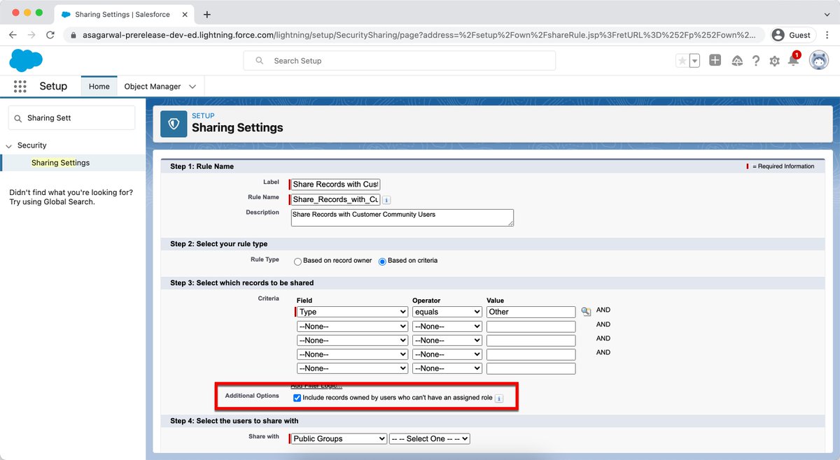 asagarwal's tweet photo. #SalesforceSpring22 You can now include records owned by high-volume community (a.k.a. customer community users) or system users when creating criteria-based sharing rules. - https://t.co/7jwsL4CAtR https://t.co/RBS3fiXRos