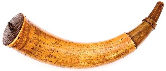 AntiqueDigest's tweet image. Revolutionary War powder horn, 1775, carved with “The Royal Artillery” and on 1 side “Thomas Smith / HIS HORNE MADE AT / BROOKLINE FORT AUGUST / THE XV: MDCC: LXXV,” sold for $44,280 (est $10,000/15,000) at @bruneauandco  maineantiquedigest.com/stories/auctio… #antiques #antique #powderhorn