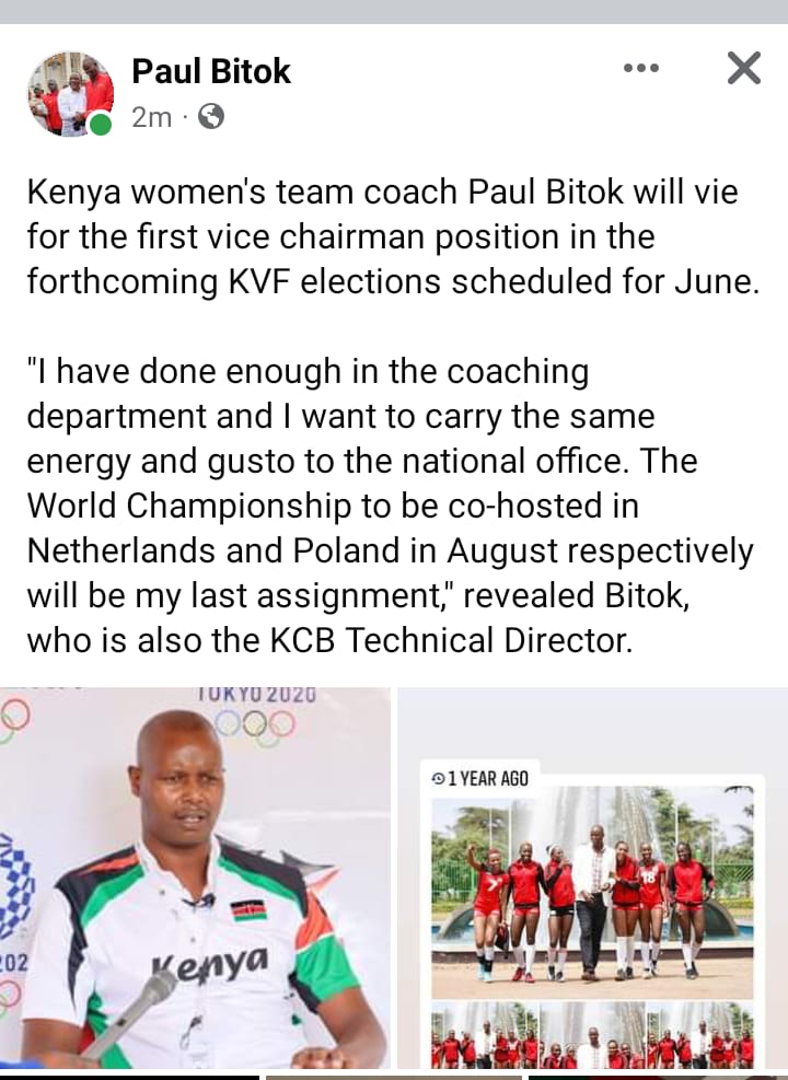 PaulBitok's tweet image. coach Paul Bitok will vie for the first vice chairman position in the forthcoming KVF elections scheduled for June."I have done enough in the coaching department and I want to carry the same energy and gusto to the national office. The World Championship to be hosted in Poland