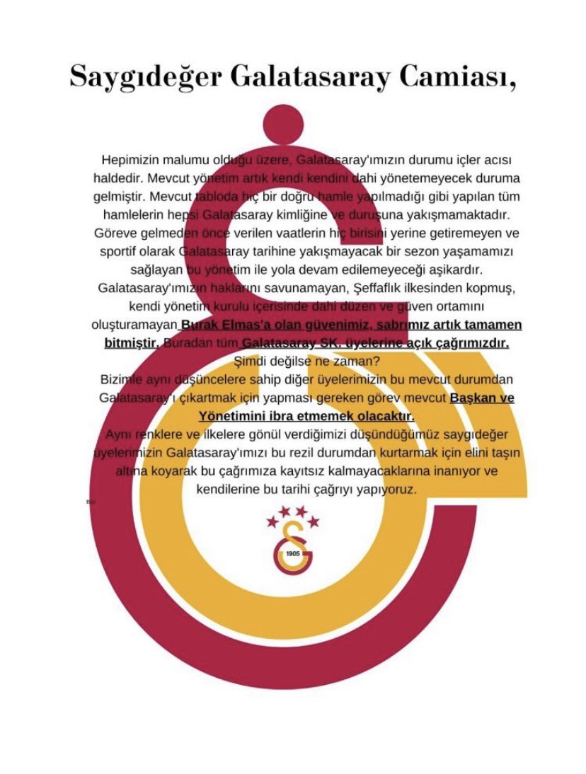 Bir Galatasaray kongre üyesi olarak Galatasaray tüzüğünün bana tanıdığı demokratik hak ile Sn. Başkan Burak Elmas ve Yönetimini ibra etmeyeceğim..