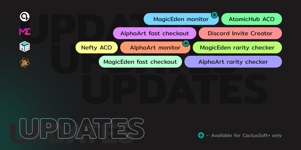 Big update 🚀

We have implemented many modules, including:
— fast checkout, monitors and rarity checker for AlphaArt &amp; #MagicEden;
— auto checkout for #AtomicHub &amp; NeftyBlocks;
— Invite generator for Discord.

All plans from Roadmap (Before Mint) completed! 💪🏻
#Mint is on Feb 06