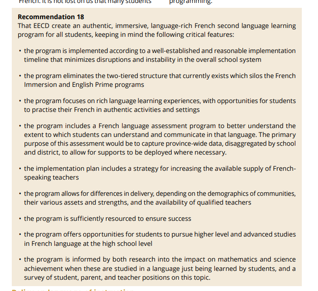 poitrasCBC's tweet photo. The report recommends a new universal French-second-language instruction program in English schools. https://t.co/Rxv37P8mjO