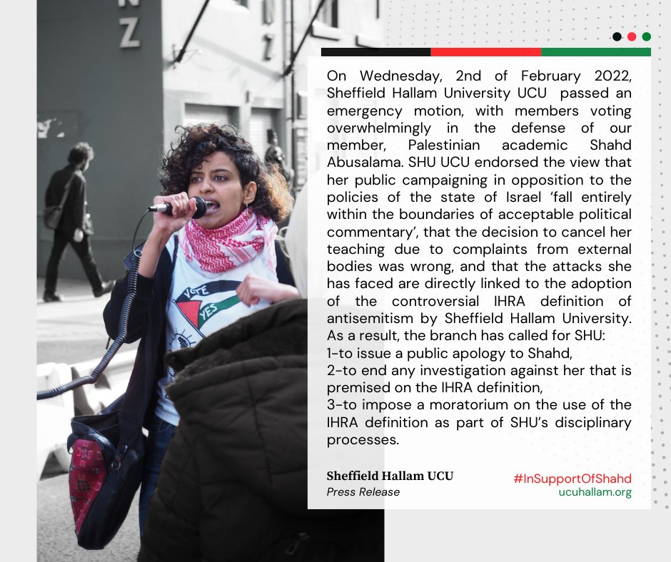 📢Remember this date 02/02/2022 #insupportofshahd🇵🇸 My @UCUHallam held an emergency meeting to discuss a motion in my defense. I addressed my colleagues first. Then Bob Jeffery presented the motion & many backed. 97% voted yes - 3% spoke for Israeli apartheid and propagandists.