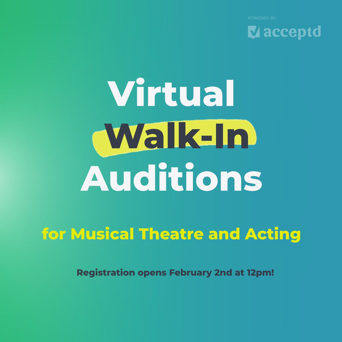 Hey class of 2022! This year, many of us are missing out on a big part of the audition season: Walk-in Auditions. But fear not! We’ve partnered with key schools to present you with an exciting chance at our Virtual Walk-in Weekend! Registration deadline is February 16th!