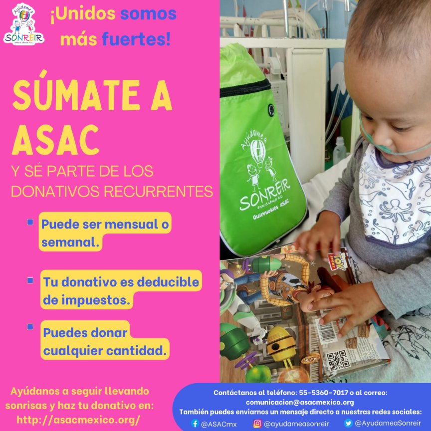 AyudameaSonreir's tweet photo. Conviértete en #donadorASAC de forma recurrente, a través de este link: https://t.co/BNfRD0gGAO y ayúdanos a cambiar la experiencia de más niñas, niños, adolescentes y jóvenes durante su tratamiento oncológico. Comunícate con nosotr@s para más información y #SúmateaASAC. https://t.co/Be0bmLuO9G