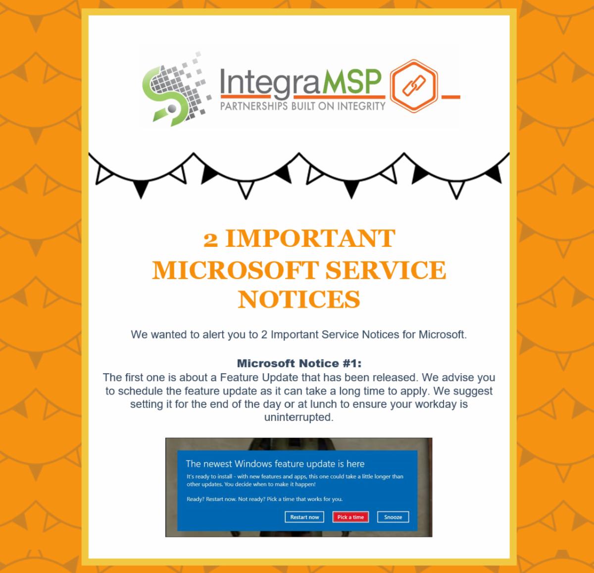 IntegraMSP's tweet image. 2 @microsoft alerts today. 
No. 1 is a feature update and No. 2 is a continued VPN/Patch issue. 
#vpn #patching #microsoftpatch #featureupdate #dallasit #msp #microsoft