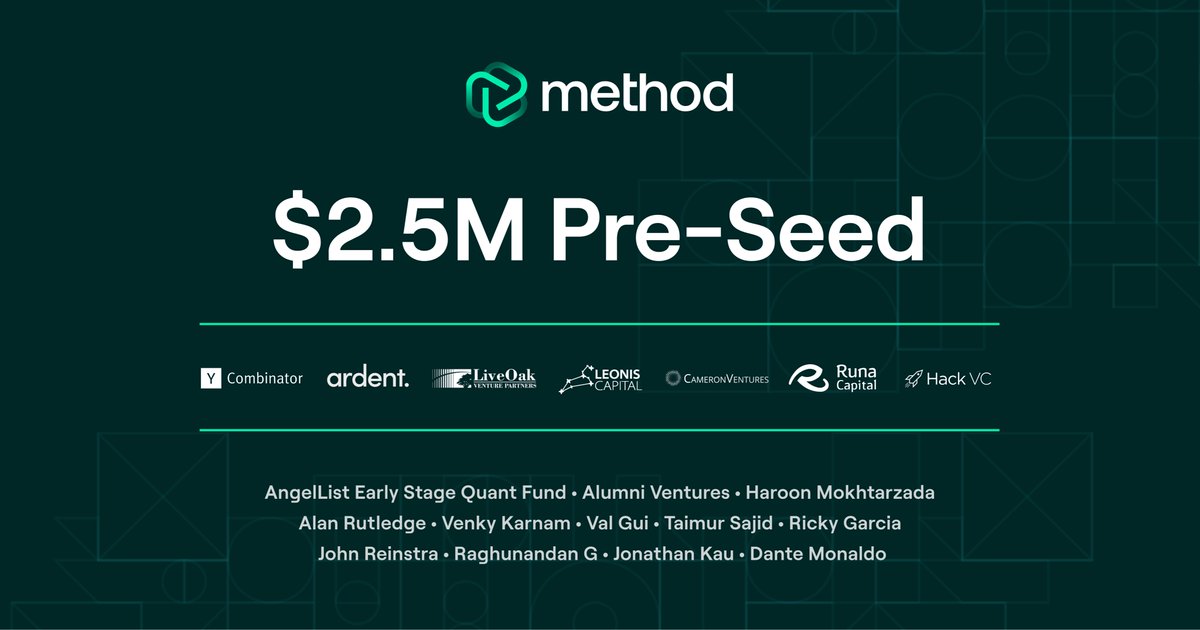 Announcing our $2.5m pre-seed round for <a href="/MethodFinancial/">Method Financial</a> 🚀

we launched our private beta less than a year ago 

today, Method is the easiest way for fintechs to build debt repayment in their platforms and we are just getting started.

🧵