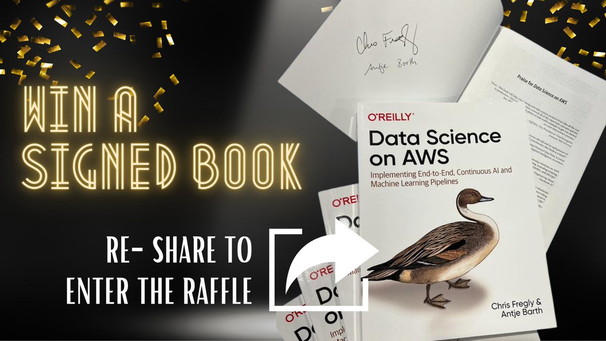 anbarth's tweet image. Win a signed book! 🎉 @cfregly and I are raffling off 5 SIGNED copies of our O&apos;Reilly book &quot;Data Science on AWS&quot;, amazon.com/Data-Science-A…. 
➡️ Re-share this post to enter the raffle! We&apos;ll announce the winners next week. 

@OReillyMedia | #datascience #ai #ml #aws