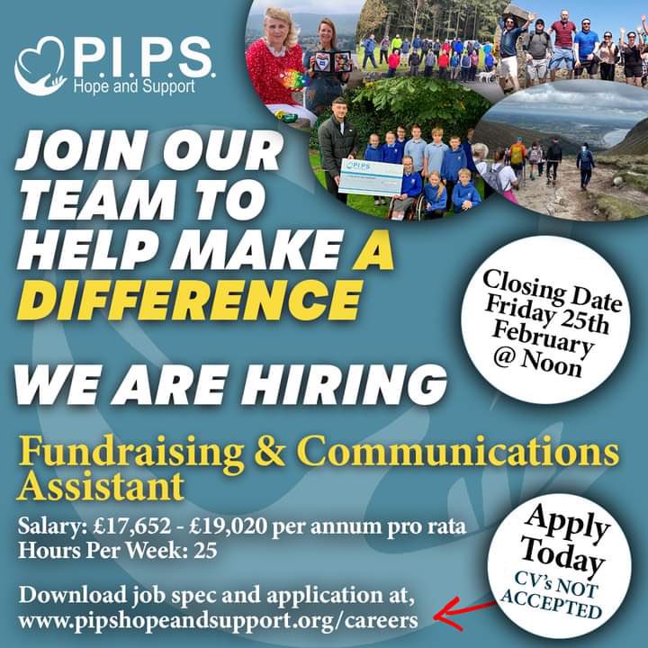 𝗪𝗘 𝗔𝗥𝗘 𝗛𝗜𝗥𝗜𝗡𝗚!
Interested in joining the PIPS Hope and Support team? We are actively recruiting for the following roles 

1 - First Contact Counselling Navigator 
pipshopeandsupport.org/first-contact-…

2 - Fundraising &amp; Communications Assistant
pipshopeandsupport.org/fundraising-co…