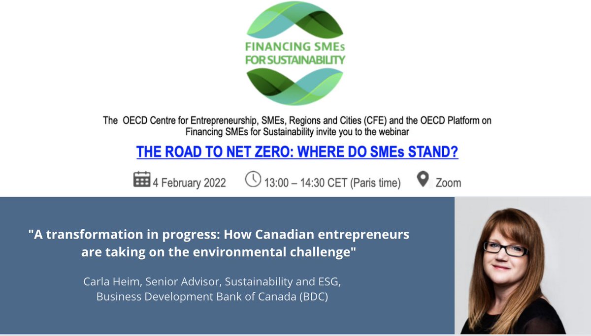 The Montreal Group (@montreal_group_) on Twitter photo Save the date: This Friday, February 4 at 13h00 (CET) / 07h00(ET), our colleague <a href="/CarlaHeim/">Carla Heim</a>, Senior Advisor, Sustainability and ESG from the <a href="/bdc_ca/">BDC</a> will be in a webinar hosted by the <a href="/OECD_local/">OECD SMEs, Regions, Cities & Tourism</a> and the OECD Platform on Financing SMEs.
Registration: lnkd.in/giang5gq Save the date: This Friday, February 4 at 13h00 (CET) / 07h00(ET), our colleague <a href="/CarlaHeim/">Carla Heim</a>, Senior Advisor, Sustainability and ESG from the <a href="/bdc_ca/">BDC</a> will be in a webinar hosted by the <a href="/OECD_local/">OECD SMEs, Regions, Cities & Tourism</a> and the OECD Platform on Financing SMEs.
Registration: lnkd.in/giang5gq