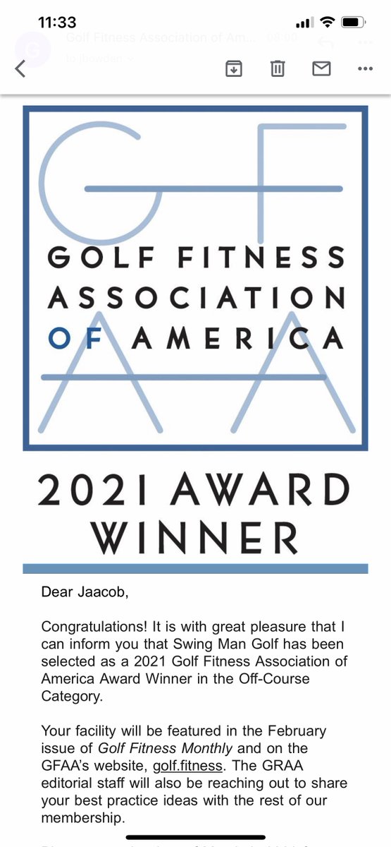 Seeing this message about @SwingManGolf in my Inbox from the Golf Fitness Association of America CEO this morning was a nice surprise &amp; great way to start the day. I showed it to my wife Jen &amp; she proceeded to belt out her version of Tina Turner's The Best, haha.
