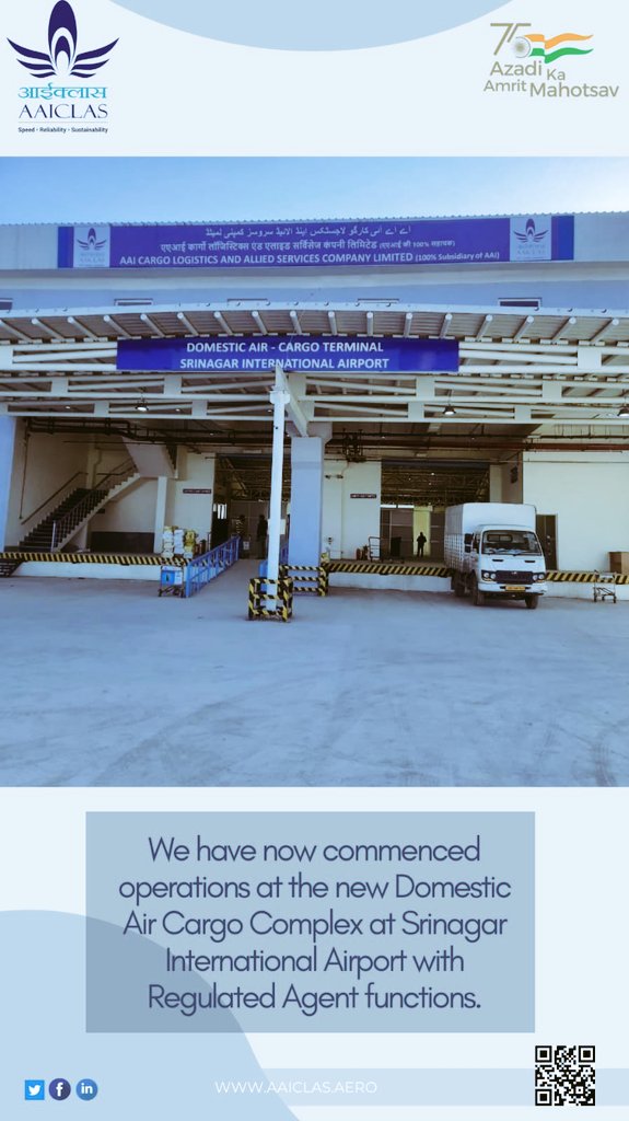 Adding one more facility from far north, <a href="/AAICLAS_in/">AAI Cargo Logistics and Allied Services</a> feels proud to dedicate Cargo Terminal at Srinagar Airport to service of the nation.
With annual capacity of 41000 MT and dedicated Cold Storage facility,local trade will get a much needed boost.
<a href="/AAI_Official/">Airports Authority of India</a>
<a href="/MoCA_GoI/">MoCA_GoI</a>