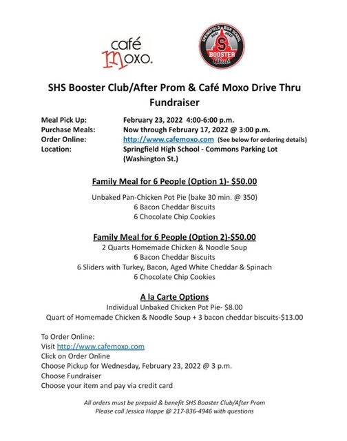 Cafe Moxo fundraiser for After Prom. Sales go through Feb 17 @ 3:00.  Pickup will be Feb 23 from 4-6:00. This is a great fundraiser and way to feed your family! Order through the link below🔻#redblackboosters #cafemoxo