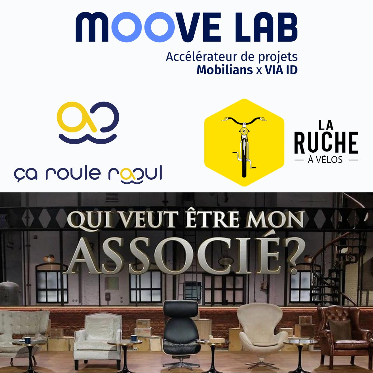 Moove_lab's tweet photo. [Nos startups ont du talent]🚀 À vos écrans 📺 Ce soir à 21h05 sur @M6, retrouvez dans l'émission « Qui veut être mon associé ? » plusieurs #startups : @carouleraoulfr actuellement incubée et @Ruche_Velos alumni du @Moove_lab  🚗🚲 https://t.co/77bOrfkARu