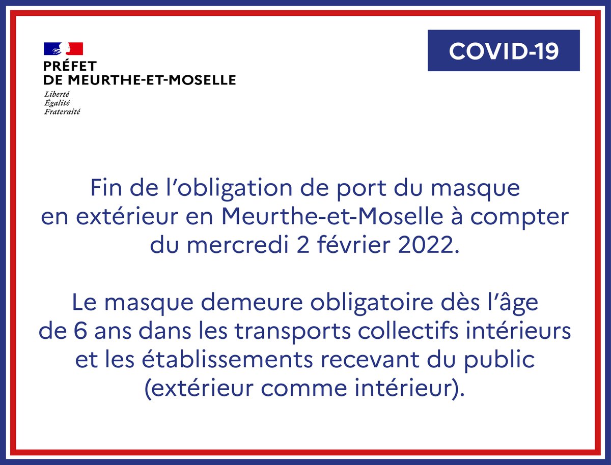 #COVID19 | À partir de ce mercredi 2 février 2022, le port du masque ne sera plus exigé en extérieur en Meurthe-et-Moselle, conformément aux mesures d’allégement annoncées par le Gouvernement.