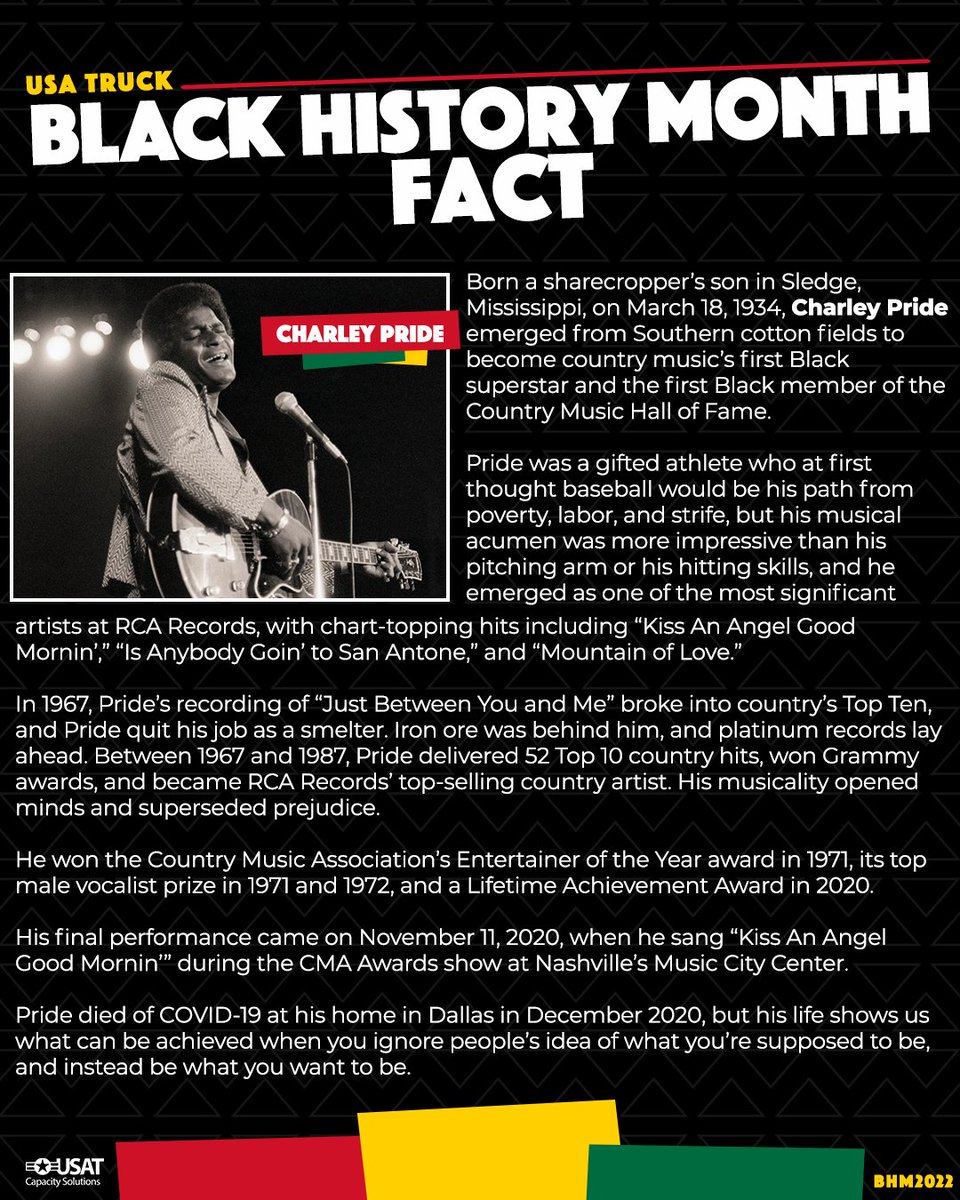 USATruck_Inc's tweet photo. For today’s #BHMFact we highlight Charley Pride.

Born in Sledge, MS, Pride emerged from Southern cotton fields to sell 70+ million records and become country music's first Black superstar and the first Black member of the Country Music Hall of Fame.

#BlackHistoryMonth https://t.co/jwAudj2B92