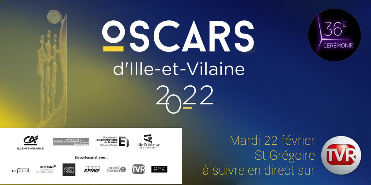 [Agenda] Rendez-vous mardi 22 février à St Grégoire (Salle EMC2) pour la 36ème cérémonie de remise des Oscars d'Ille-et-Vilaine.
#Oscars35

En partenariat avec  
<a href="/kpmg_ouest/">KPMG Ouest</a> <a href="/BCInter/">Bretagne Commerce International (BCI)</a>  <a href="/Le_Poool/">Le Poool x La French Tech Rennes St-Malo</a> <a href="/groupeopa/">Groupe OPA</a> <a href="/ouestfrance35/">Ouest-France 35</a>
