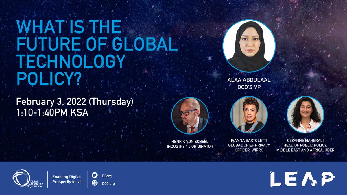dcorg's tweet image. Don’t miss tomorrow 📌at #LEAP22, when our VP @Ala2Abdulaal is discussing the future of global #TechnologyPolicy with Cezanne Maherali from @Uber and @IvanaBartoletti from @Wipro.