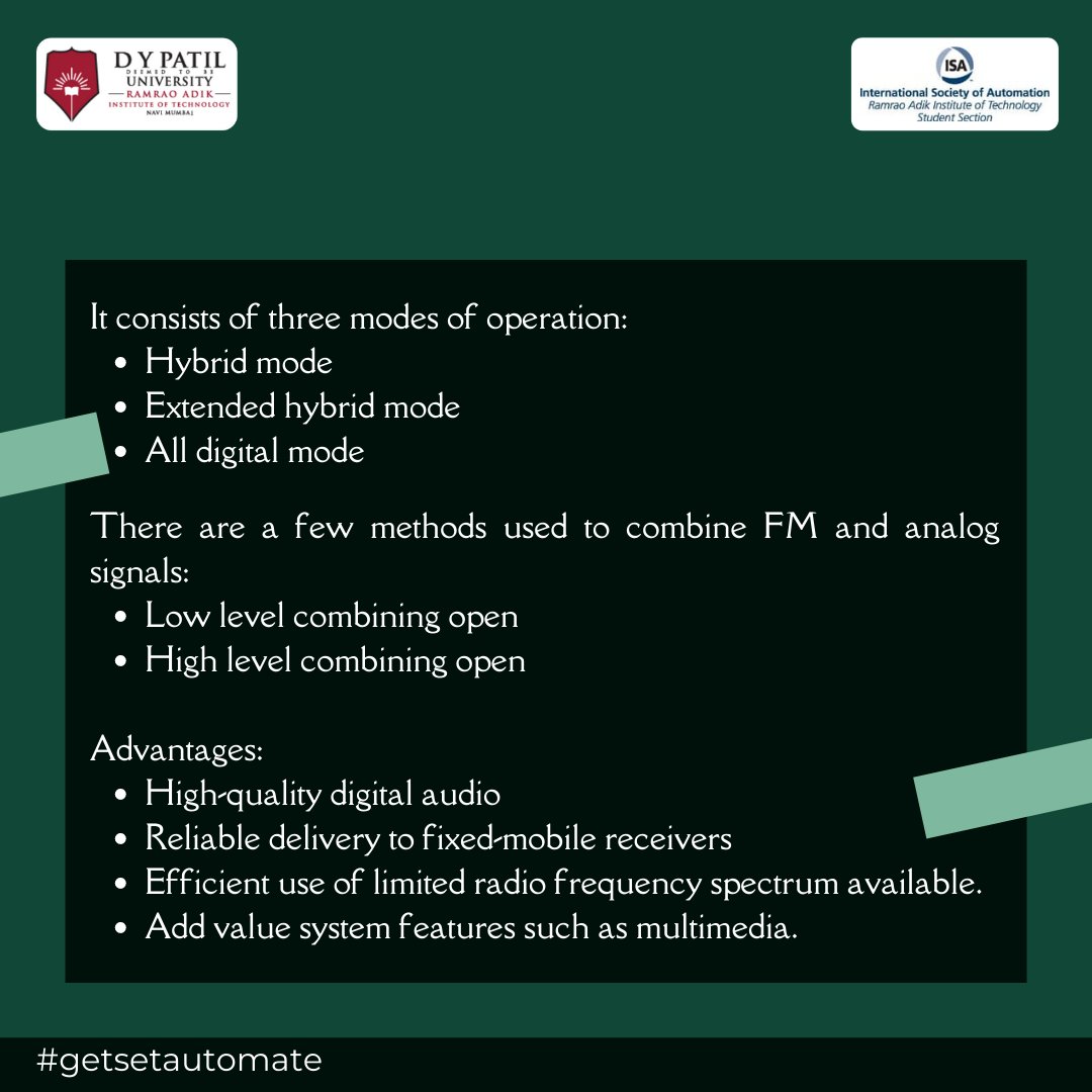 rait_isa's tweet photo. In the engineering field, there are various concepts that are untouched. So, let’s enter a different chapter for today’s learning. 

Swipe to learn more about IBOC Technology.

#getsetautomate #isarait #dypatil #isa #rait #instrumentation  #isamaharashtra #iboc #radio #frequency https://t.co/V2Hjd8tUwS