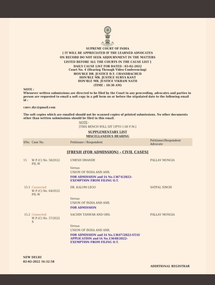 ErSS08's tweet photo. The bench of Justices DY Chandrachud, Surya Kant and Vikram Nath will hear the #GATE2022 postponement case tomorrow as Item 15 #SupremeCourt https://t.co/7Nf3HgncVT