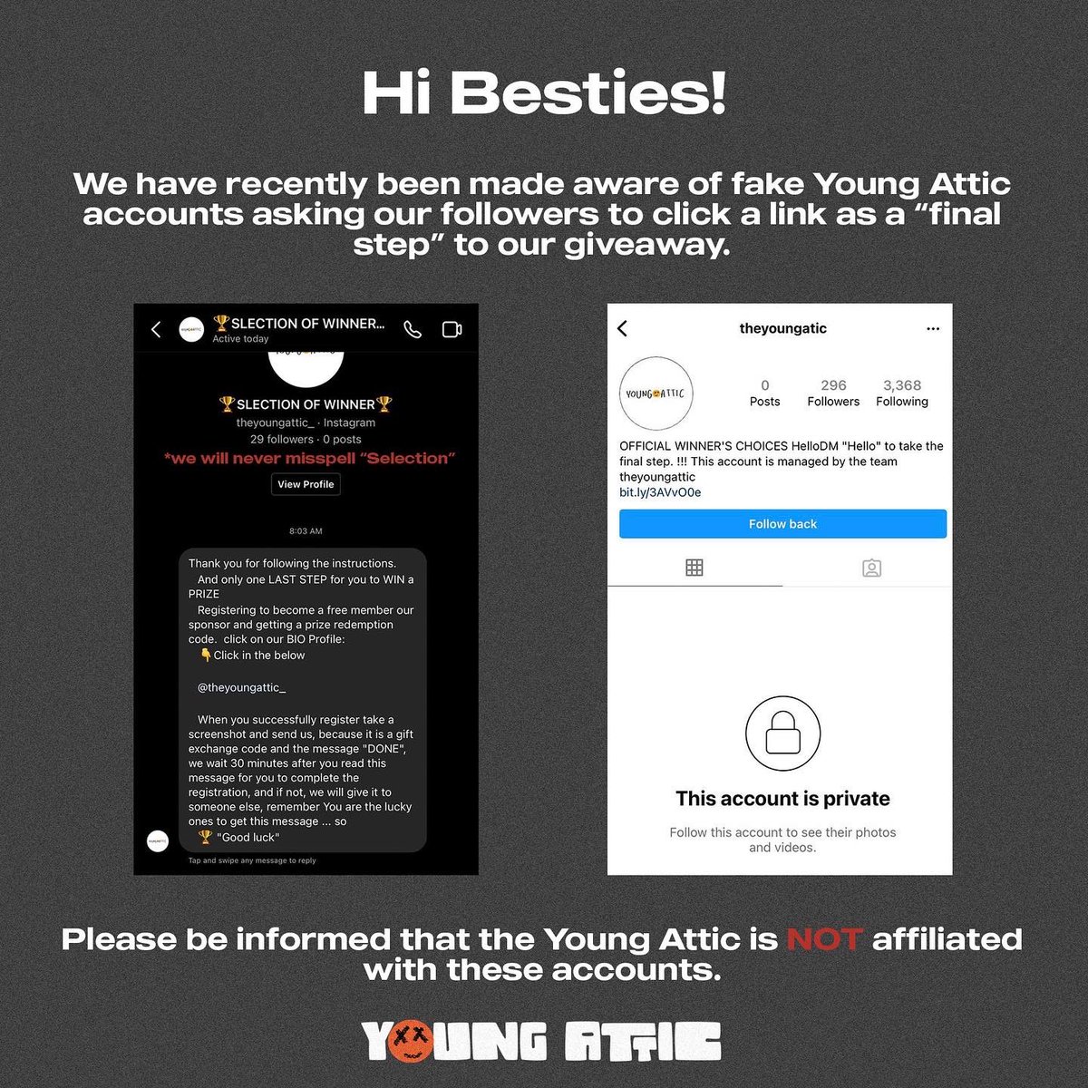 theyoungattic's tweet photo. PLEASE BE WARE ⚠️⚠️⚠️ 

It has come to our attention that multiple accounts have been imitating ours and followed our followers and messaged them subsequently. We only have one existing account which is @TheYoungAttic where we post all our activities.

#giveaway #ScamAlert #fake https://t.co/via5kKMRlU