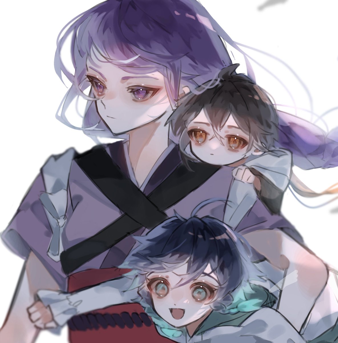 raiden shogun ,venti (genshin impact) ,zhongli (genshin impact) 1girl 2boys purple eyes multiple boys purple hair braid gradient hair  illustration images