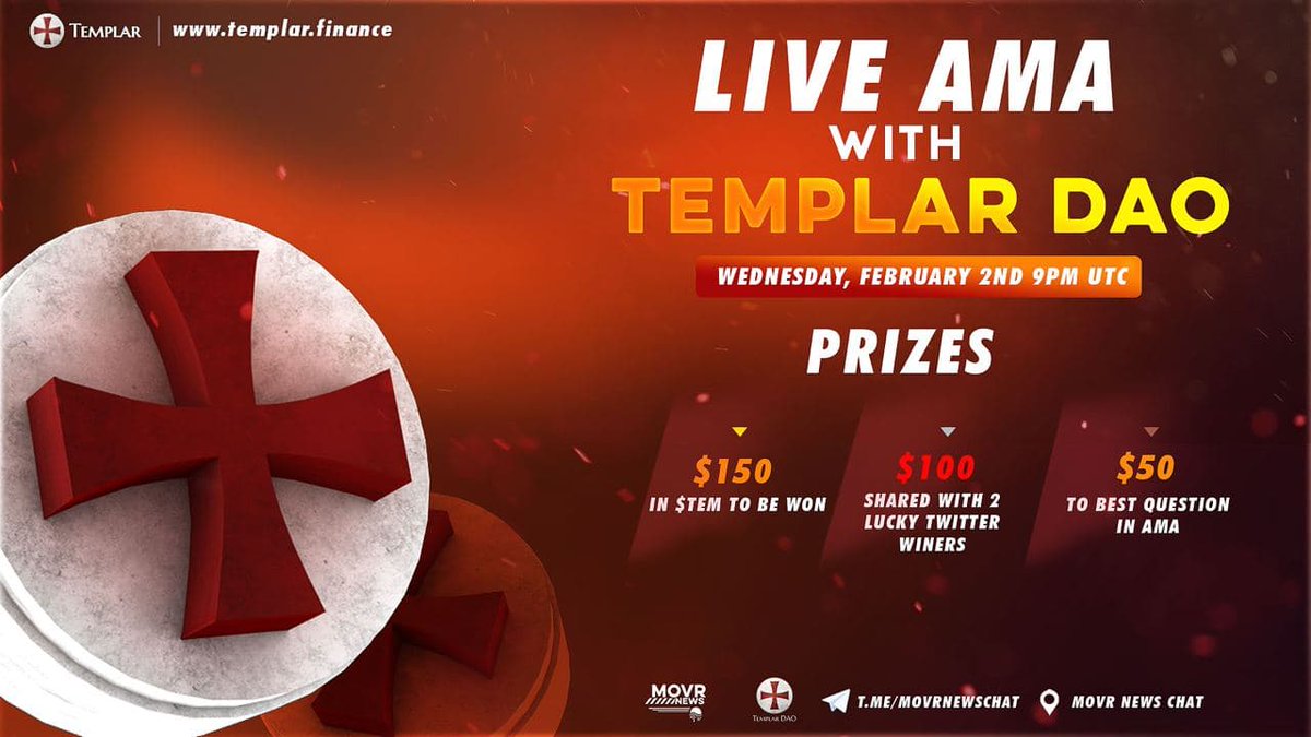 TemplarDAO's tweet photo. 🔔AMA Today🔔

🗓 Wed, Feb 2nd, 9pm UTC with @MovrNews

See you there ⚔️💪

$Tem $Sword #BSCGem #MOVRGem #TemplarDAO #Movr #Bsc #Harmony #Defi https://t.co/rUdBTN7ic2