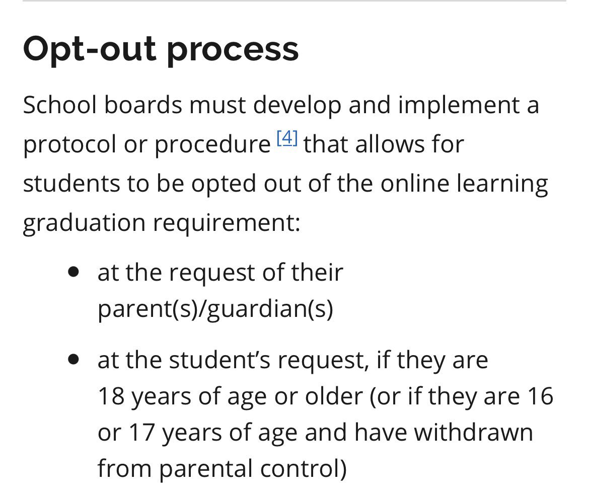 Parents/Caregivers! At option sheet time, please know you do have the ability to opt your child out of e-learning, if you don’t think that’s a good fit for your teen. 

OSSTF went on strike in 2019 so parents could have the choice to opt out their teen, if they want to.