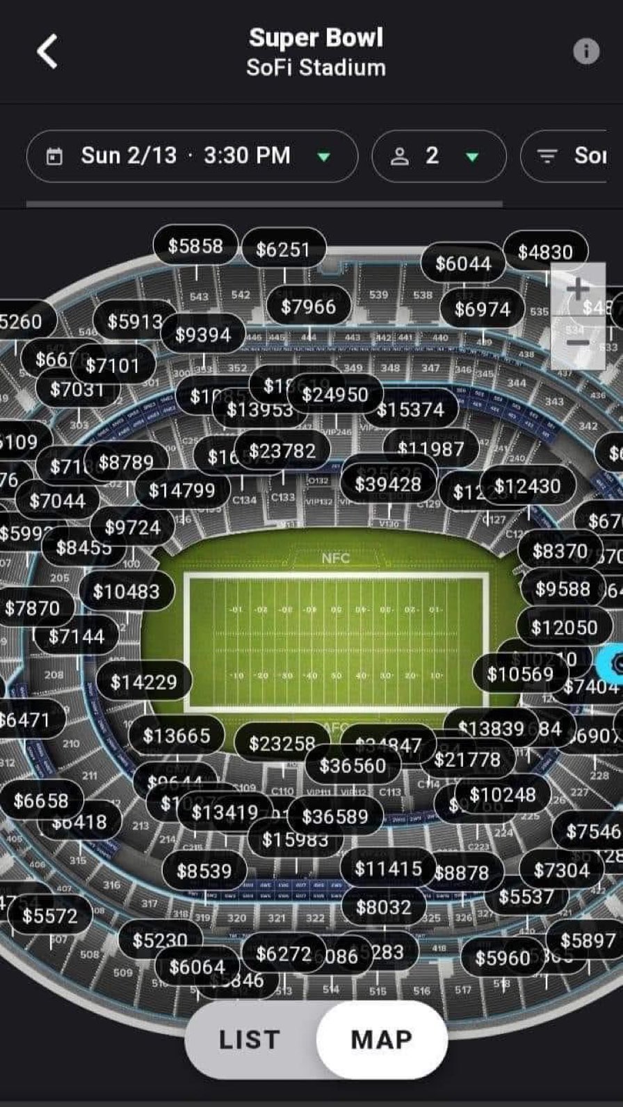 average ticket price super bowl 2022
