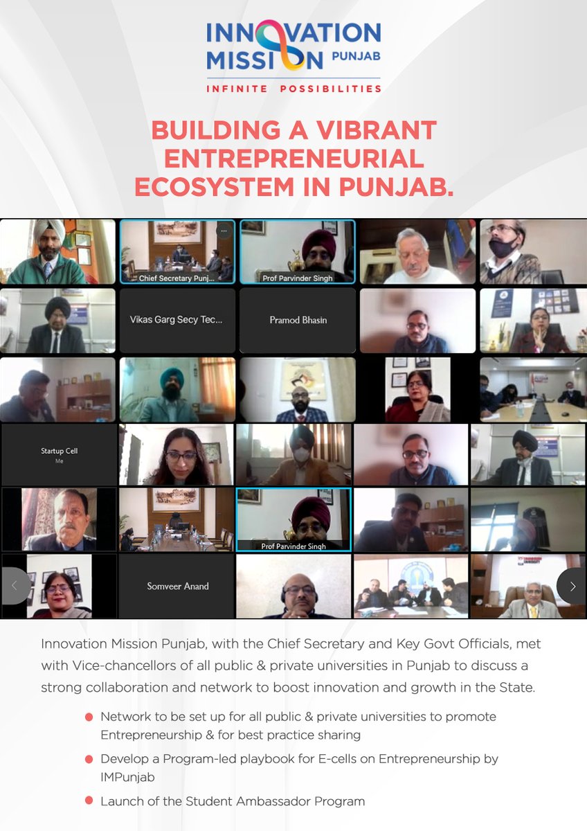 TheIMPunjab's tweet photo. IMPunjab held a meeting with the Govt Stakeholders & Vice-chancellors of all public and private universities to mobilize the startup ecosystem by supercharging Punjab's Entrepreneurial development.
#IMPunjab #entrepreneurial #ecosystem #startups #ideas #ideapreneurs #ideahunt https://t.co/SkjQc5aBxh