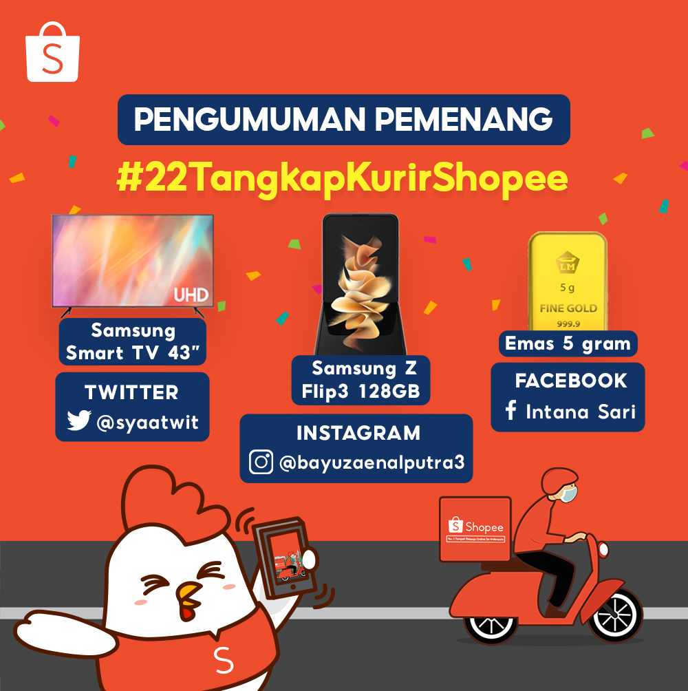 ShopeeID's tweet photo. Sobat Shopee! Ini dia pemenang #22TangkapKurirShopee yang berhasil memenangkan #ShopeeKasihSmartTV yaitu @syaatwit! Makasih untuk semua Sobat Shopee yang sudah berpartisipasi, nantikan GIVEAWAY lainnya ya! #ShopeeID https://t.co/72DPvREriY