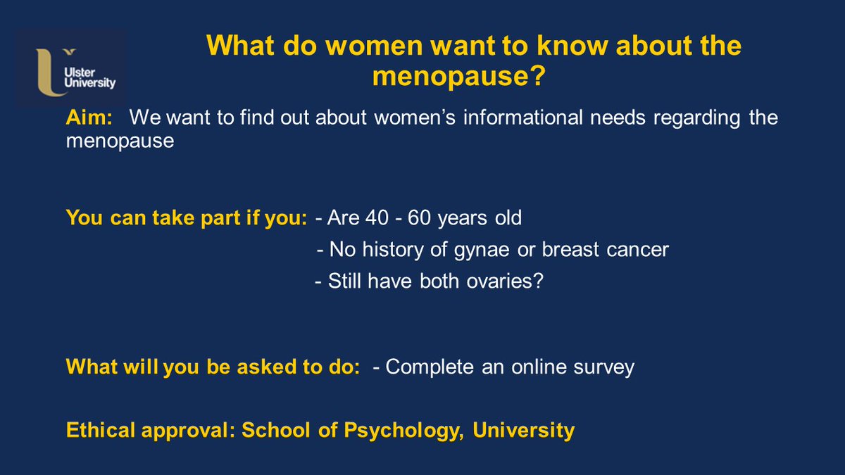The menopause: What do women want to know?
Female, 40-60 yrs, no history of gynae or breast cancer, still have both ovaries?
Please take part in this PhD study
Click link👇 for more info
ulsterhealth.eu.qualtrics.com/jfe/form/SV_9G…
RTs &amp; likes welcome