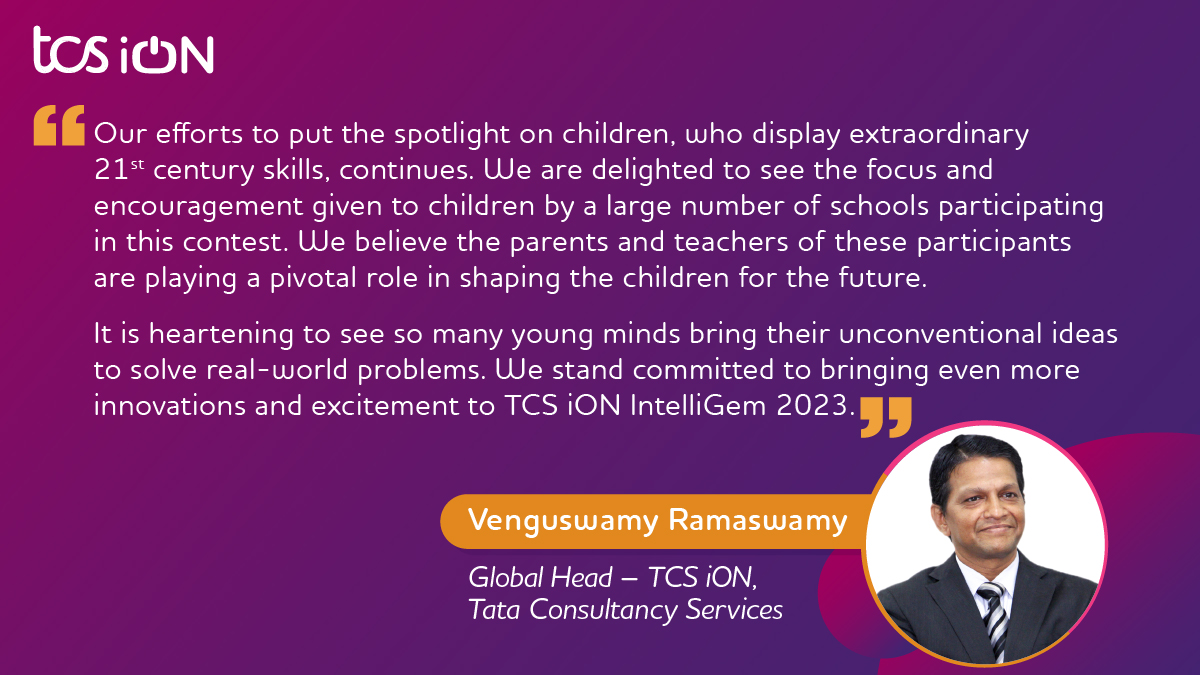 TCS_iON's tweet photo. The 4th Edition of TCS iON IntelliGem saw students from Grades 5 to 9 battle it out for the National Title. Here’s what @vrswamy, Global Head – TCS iON, @TCS had to say after the conclusion of the contest. Read: https://t.co/AAr9UYd5nv
#TCSiON #IntelliGem #IntelliGem2022 https://t.co/0NYowY8Ytz