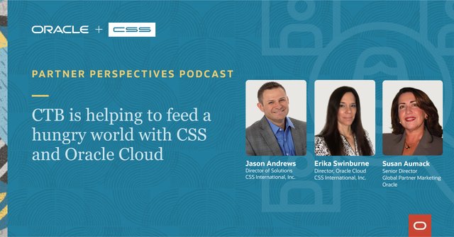 sbobarakis's tweet image. Hear the latest episode of Partner Perspectives and learn how @CSSInter and Oracle partnered to help #agricultural manufacturer @ctbinc, a Berkshire Hathaway company move from JD Edwards to Oracle Cloud EPM and Oracle #Cloud #HCM. bit.ly/3HqjQ0M