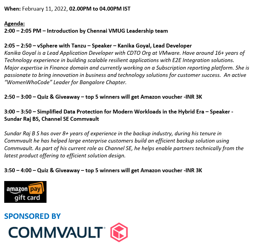 Chennai VMUG Event-2022

When: Feb 11, 2022 02:00 PM India 

Please register in advance to reserve your seat: 
zoom.us/meeting/regist…