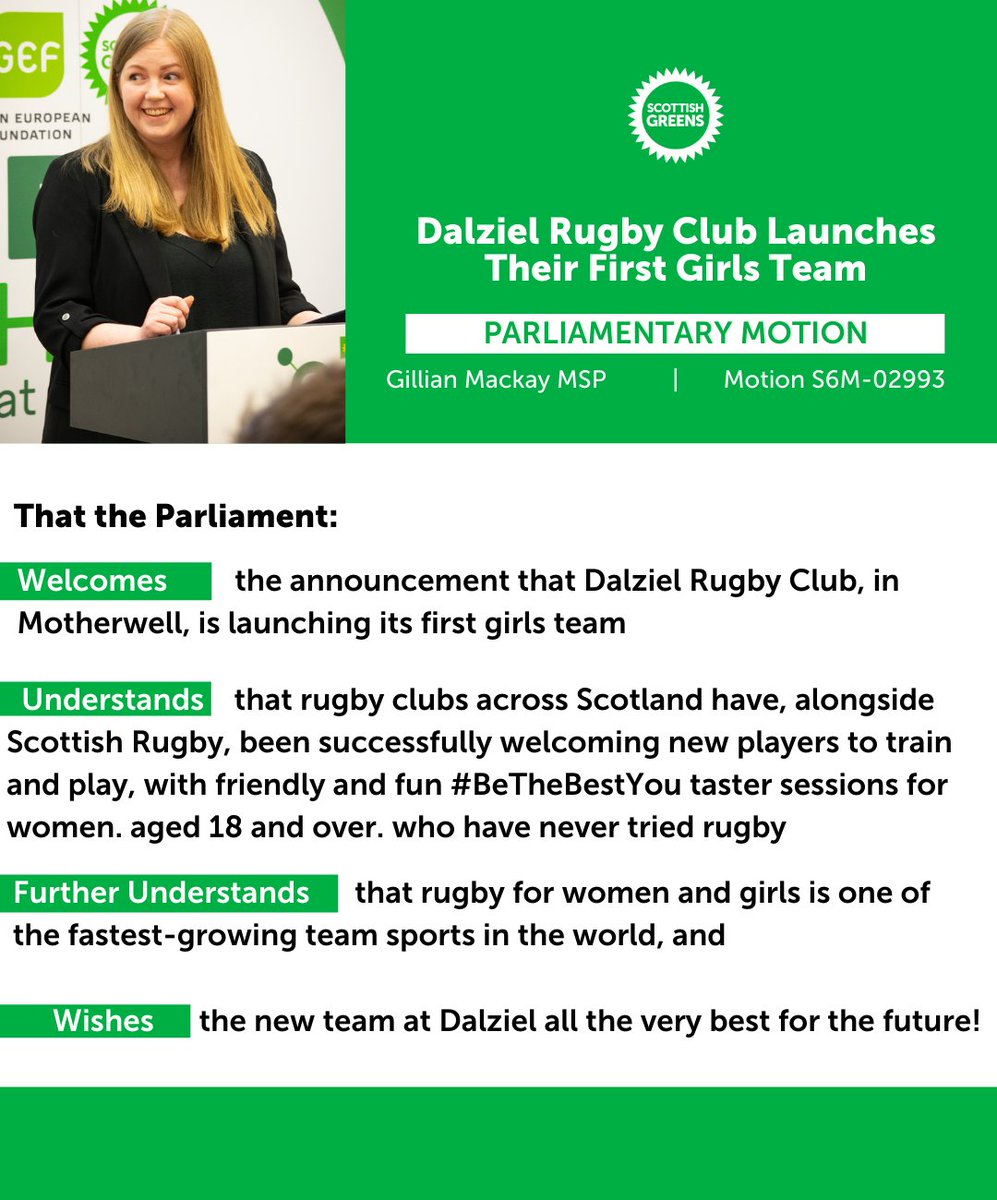 Gillian Mackay MSP (@gillianmacmsp) on Twitter photo I was delighted to learn that <a href="/DalzielRugby/">Dalziel RFC</a> in Motherwell are launching their first ever girlβs youth rugby team starting this Thursday.
Women and girls rugby is one of the fastest-growing sports in the world and I commend Scottish Rugby on their recent #BeTheBestYou campaign!π I was delighted to learn that <a href="/DalzielRugby/">Dalziel RFC</a> in Motherwell are launching their first ever girlβs youth rugby team starting this Thursday.
Women and girls rugby is one of the fastest-growing sports in the world and I commend Scottish Rugby on their recent #BeTheBestYou campaign!π