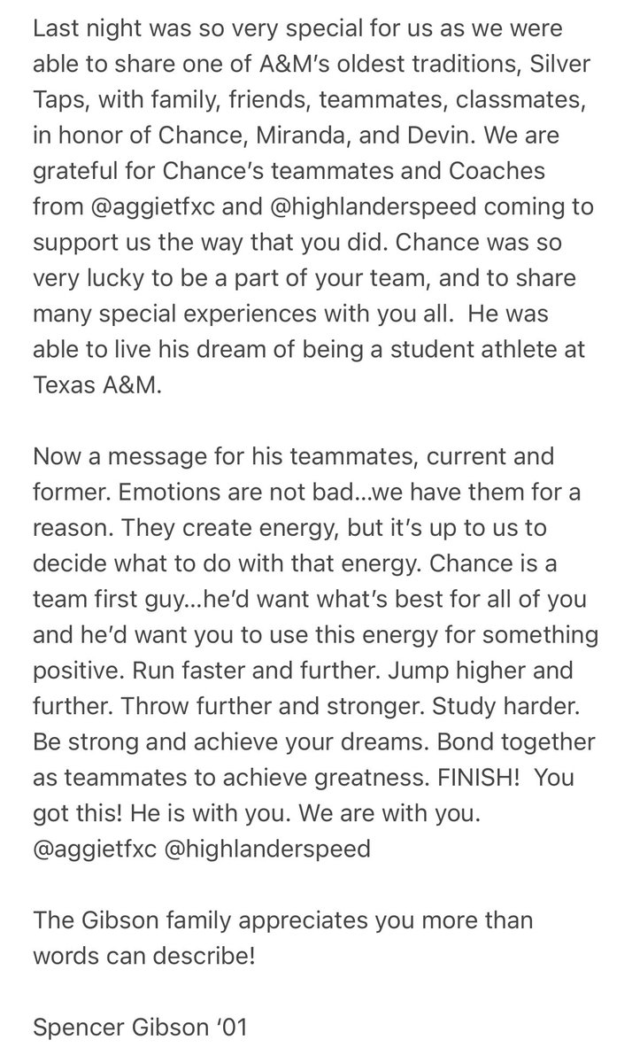 Thank you for such a beautiful tribute last night <a href="/aggietfxc/">Texas A&M Track & Field/Cross Country</a> <a href="/TradCouncil/">Traditions Council</a> <a href="/HighlanderSpeed/">Highlander Speed</a>
